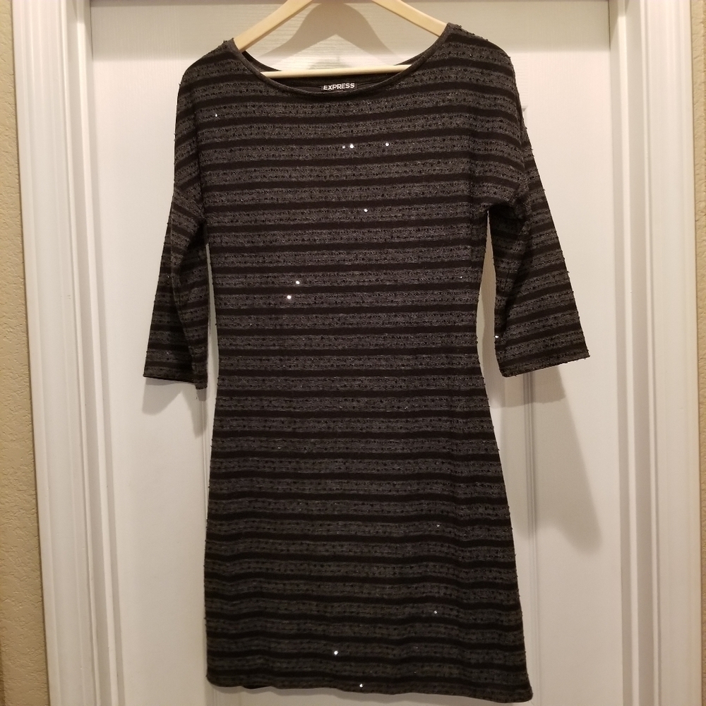 Express 3/4 sleeve black stripe sequin dress Size M